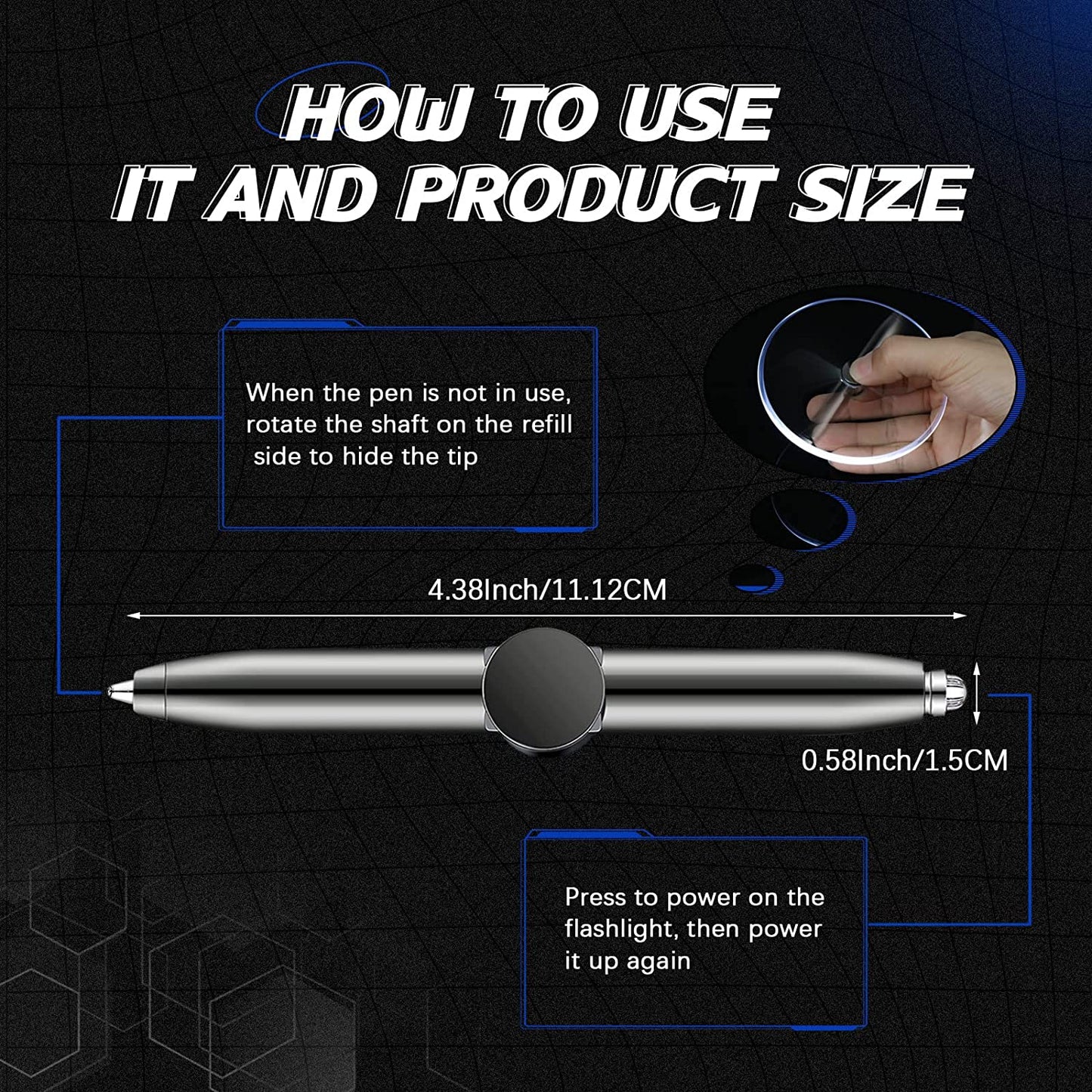 LED Fidget Pen: Stress Reducer & Ballpoint Pen (Black, 2 Pieces