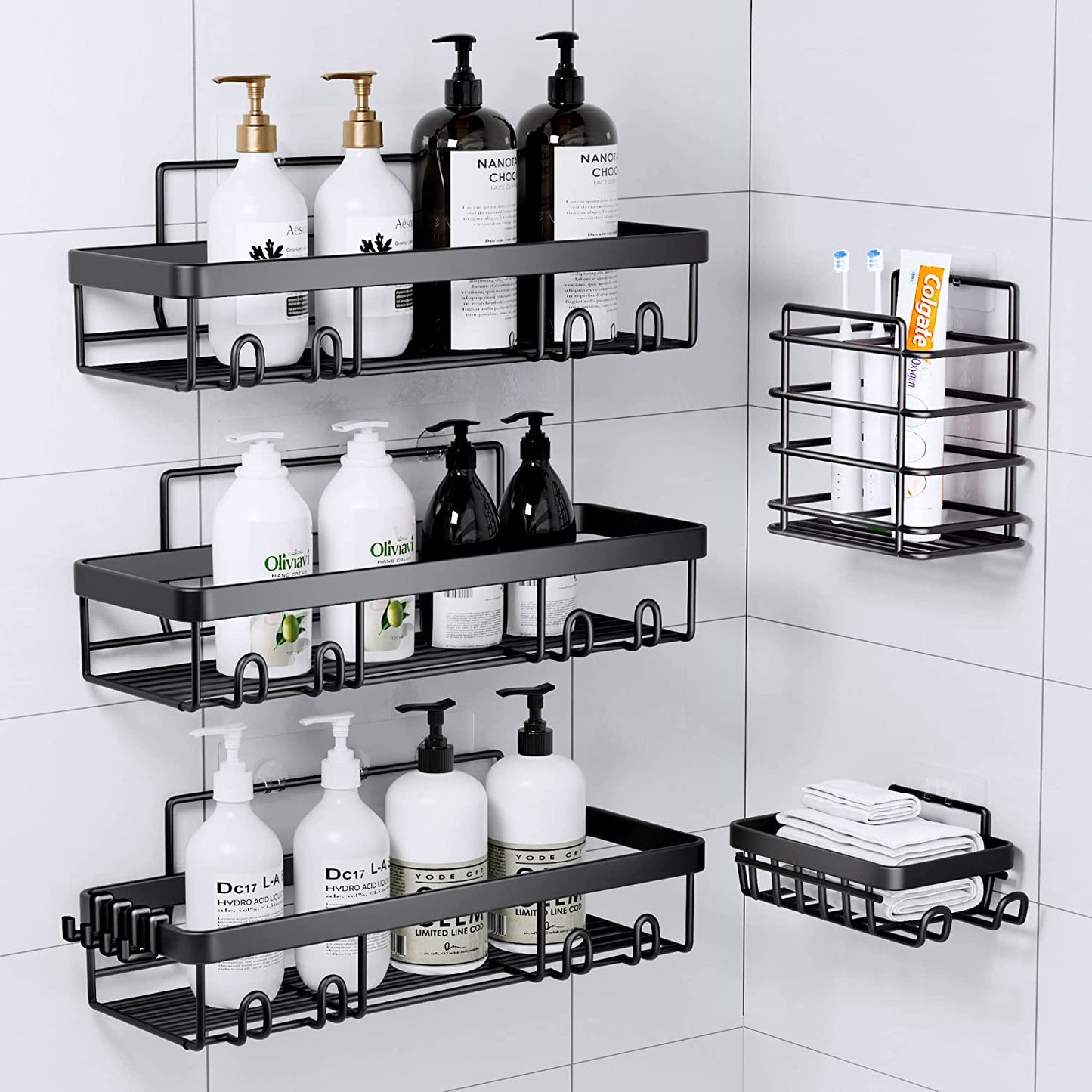 Black Stainless Steel Shower Caddy: Organize with Ease (5 PCS)