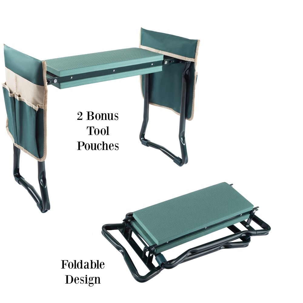 Green Garden Kneeler Bench: Comfortable Foldable Stool with Handy Tool Pouches!