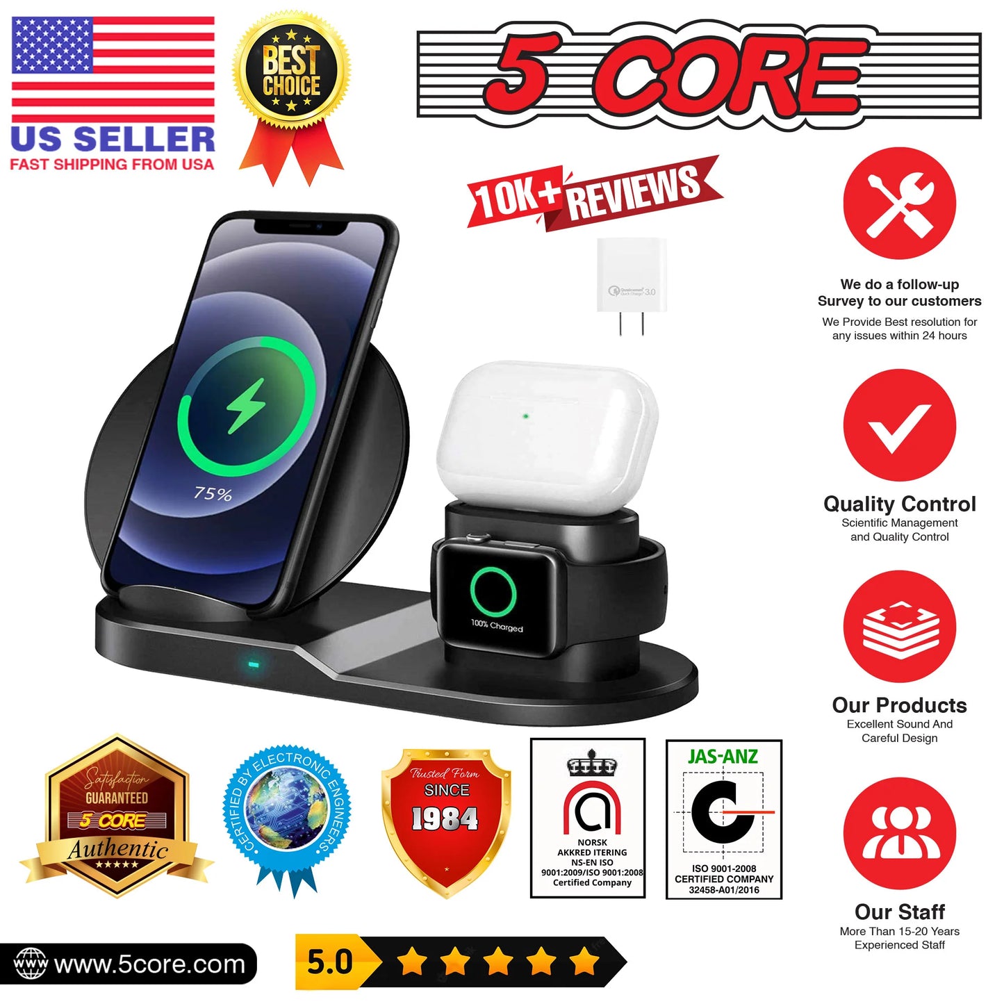 Wireless Charging Hub: 3-in-1 Charger Stand Rapid Dual Coil Charging for IPhone, Samsung, Apple Watch, and AirPod