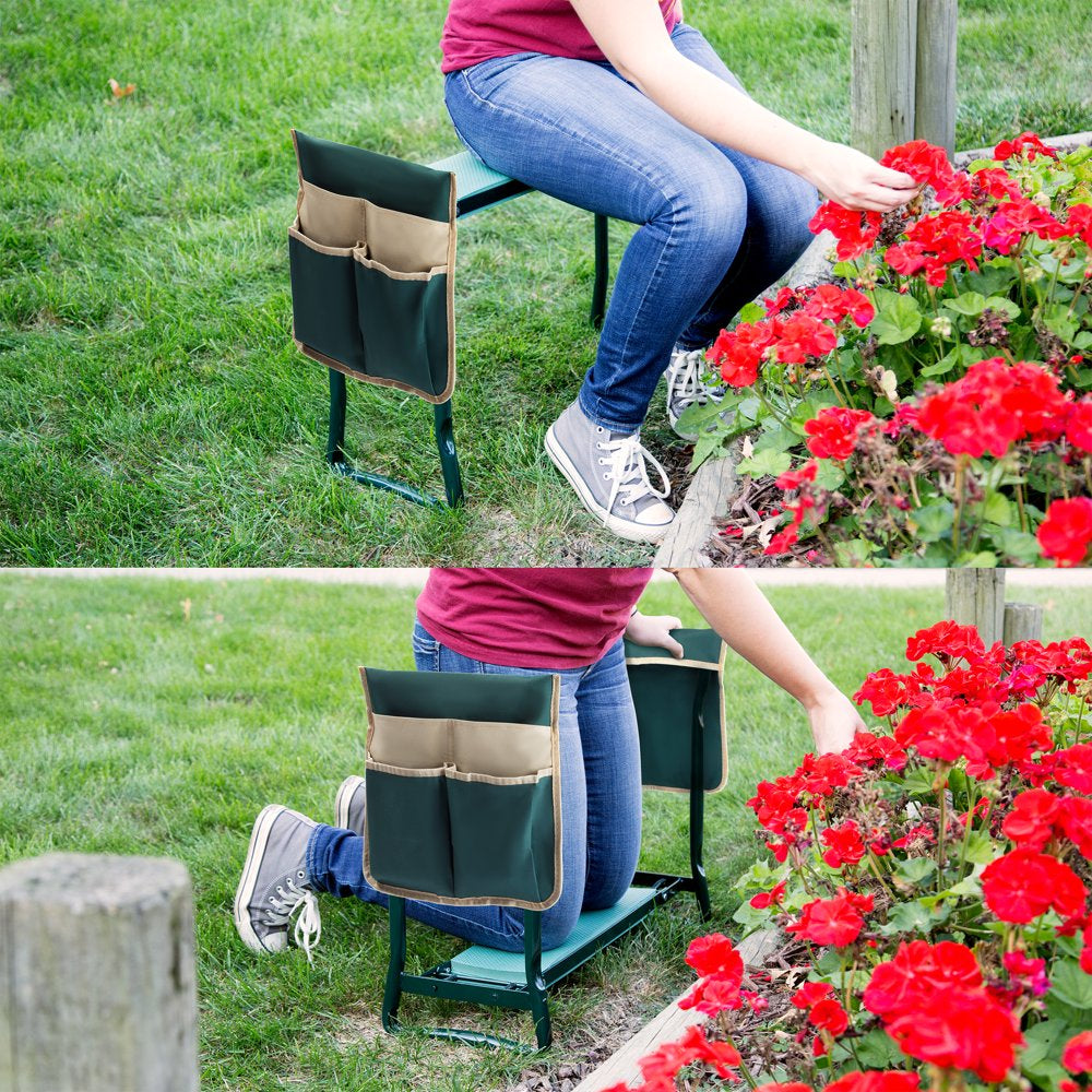 Green Garden Kneeler Bench: Comfortable Foldable Stool with Handy Tool Pouches!