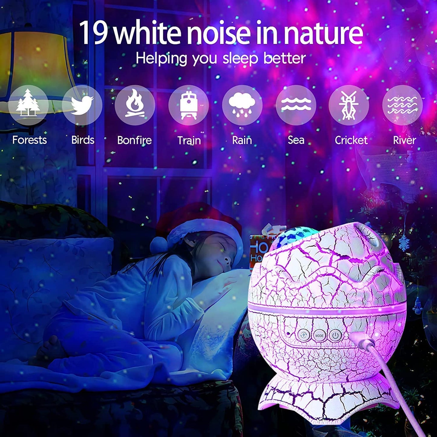 Dinosaur Egg Galaxy Star Projector: Wireless Music Player, Night Light with White Noise, Timer & Remote Control