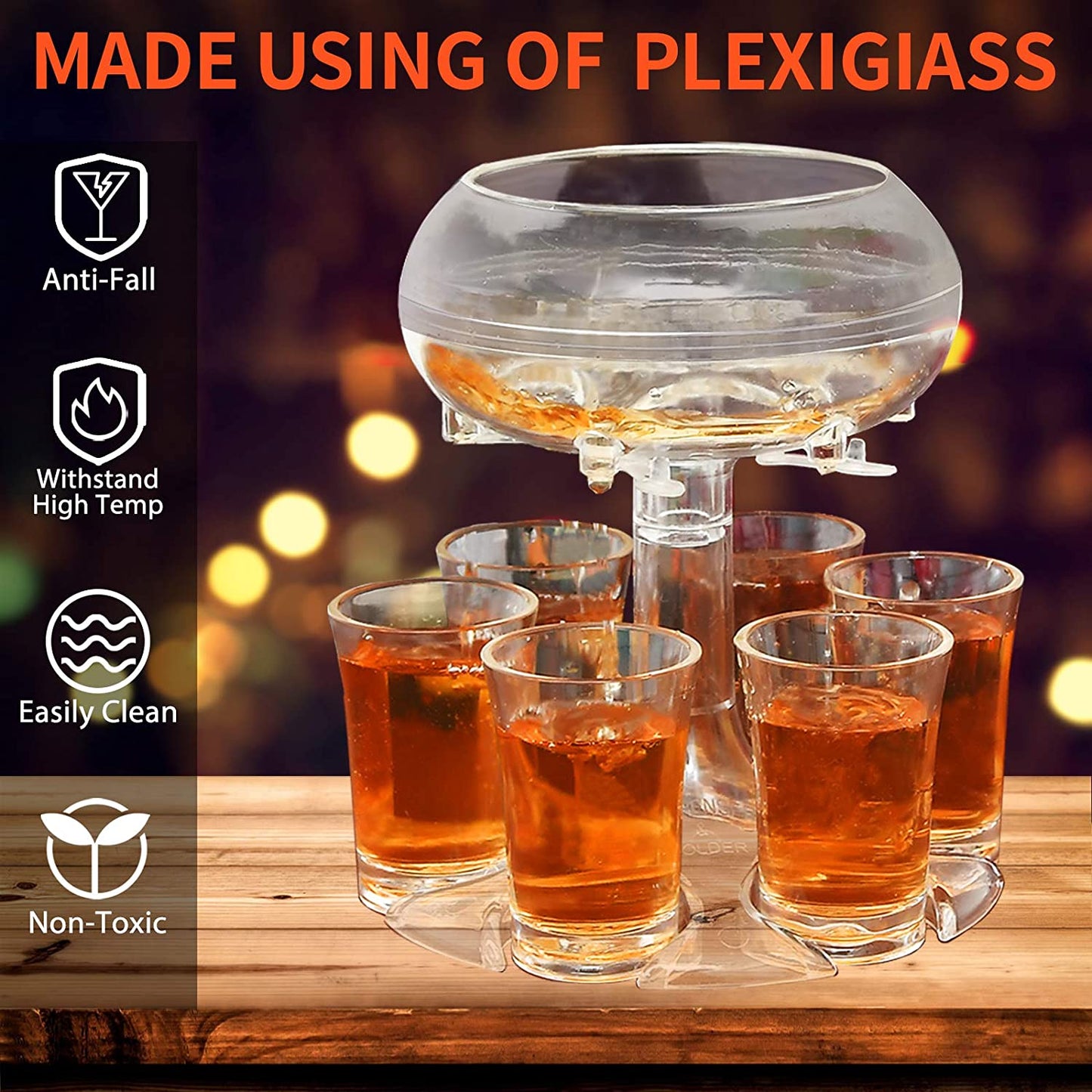 Adjustable Shot Glass Dispenser: Plexiglass, Includes 6 Drinking Glasses