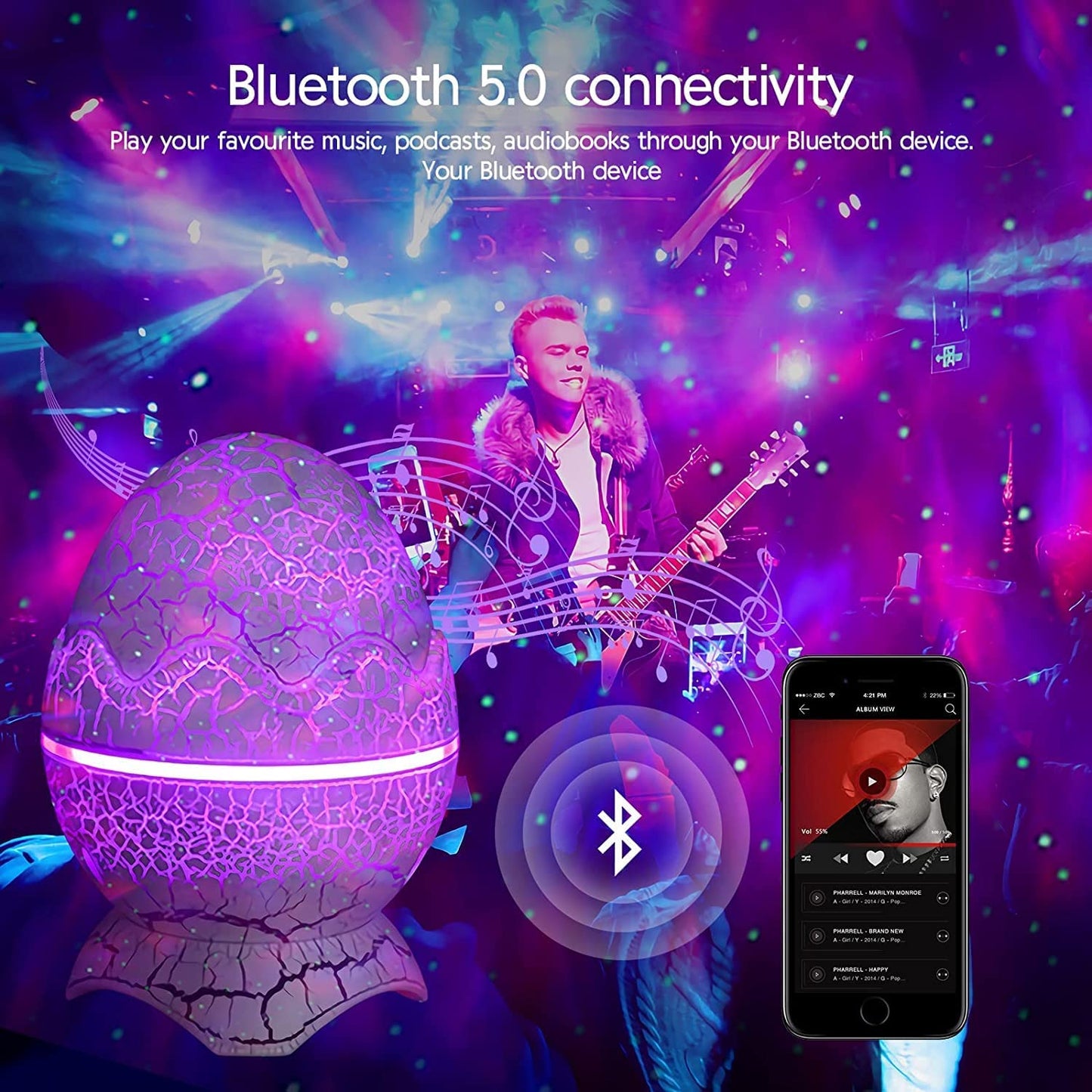 Dinosaur Egg Galaxy Star Projector: Wireless Music Player, Night Light with White Noise, Timer & Remote Control