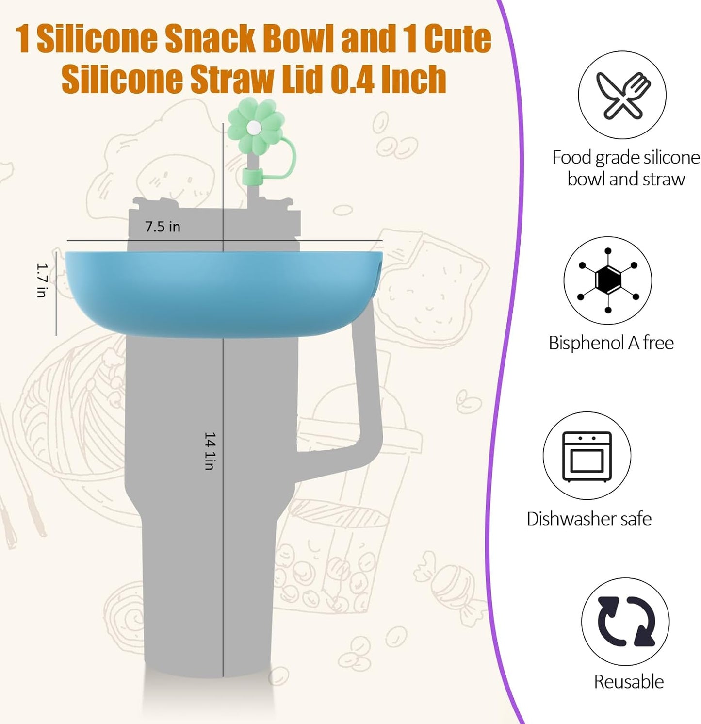 30 Oz Snack Bowl with Handle, Inspired by the Stanley Cup, Reusable Silicone Bowl, Compatible with Stanley Accessories