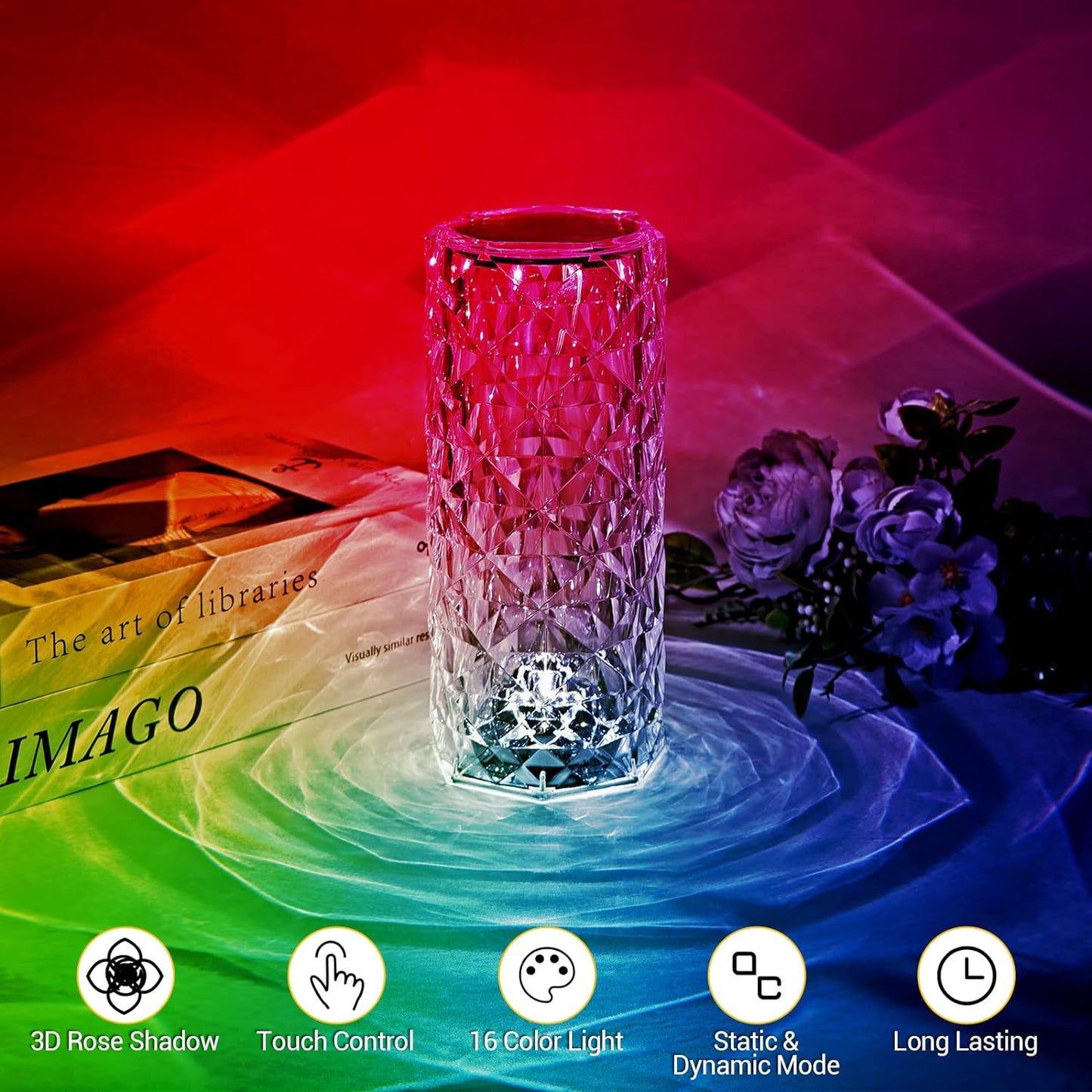Sparkling Crystal Rose Lamp: Touch Control, 16 Colors, USB & Remote. Perfect Bedroom Ambiance & Gift