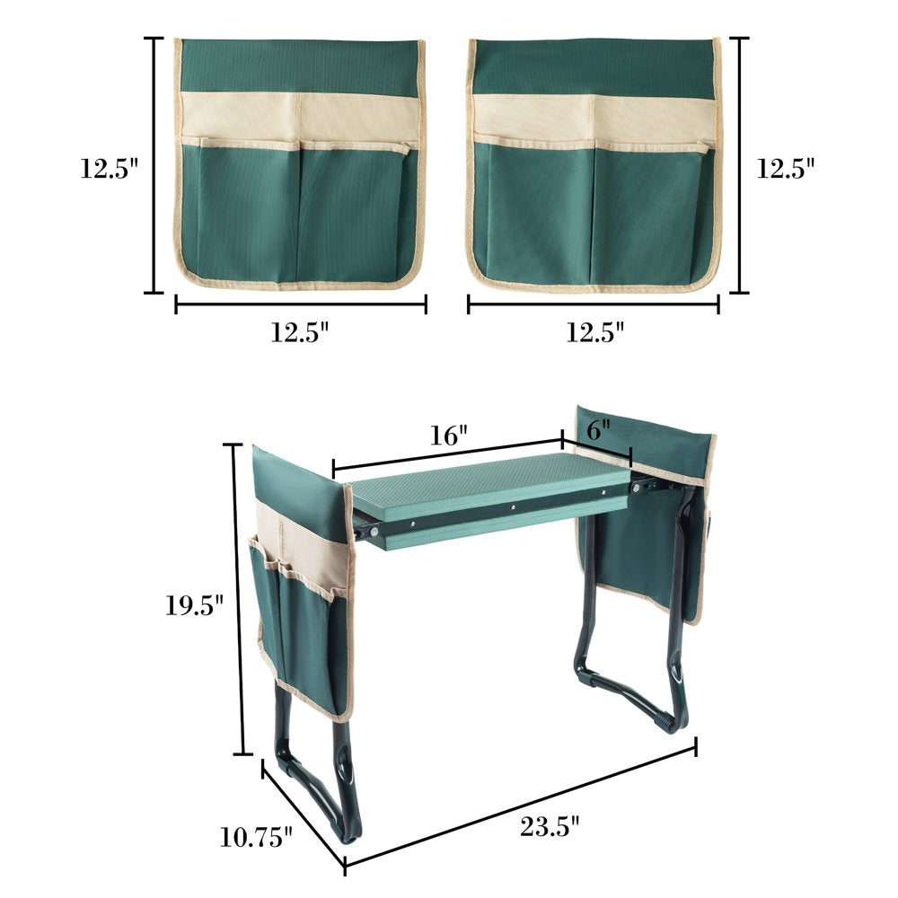 Green Garden Kneeler Bench: Comfortable Foldable Stool with Handy Tool Pouches!
