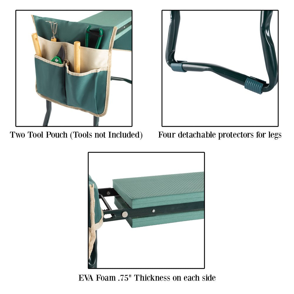Green Garden Kneeler Bench: Comfortable Foldable Stool with Handy Tool Pouches!