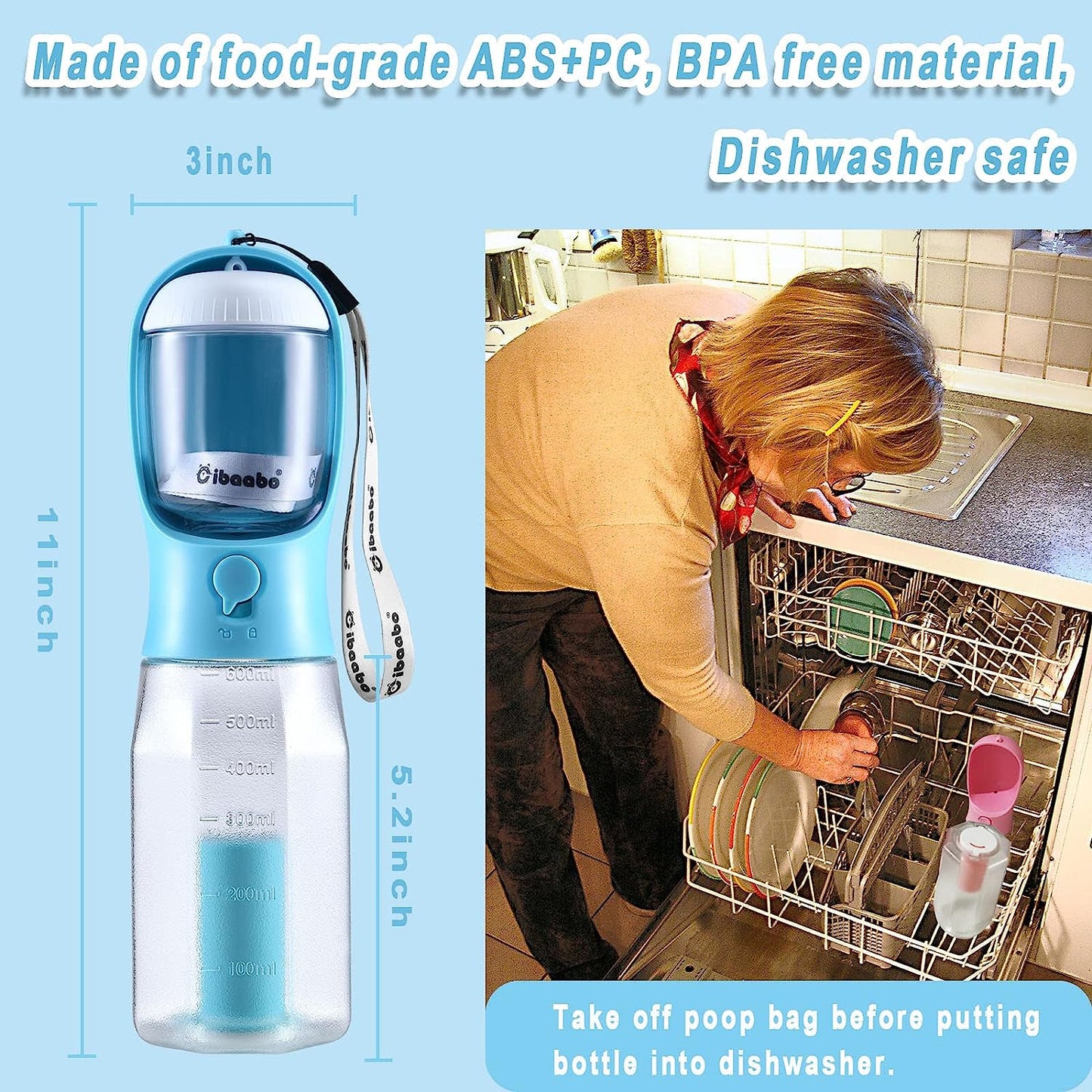 Portable Dog Water Bottle with Food Container, Poop Bag Holder, and Bowl