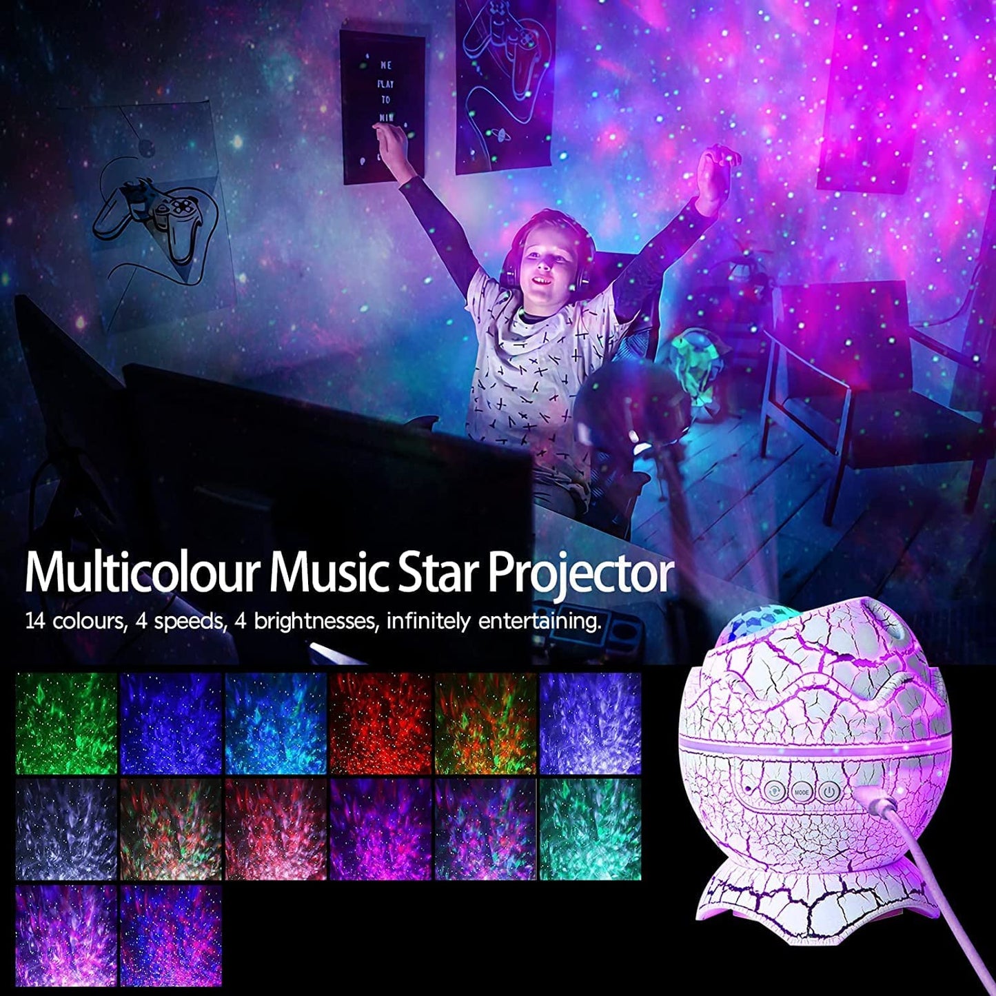 Dinosaur Egg Galaxy Star Projector: Wireless Music Player, Night Light with White Noise, Timer & Remote Control
