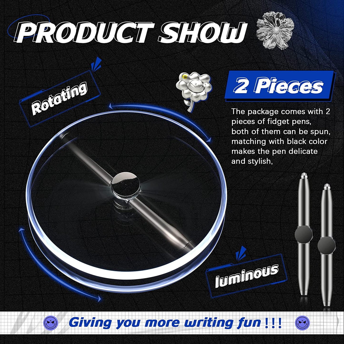 LED Fidget Pen: Stress Reducer & Ballpoint Pen (Black, 2 Pieces