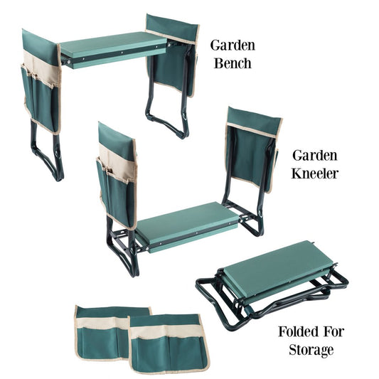 Green Garden Kneeler Bench: Comfortable Foldable Stool with Handy Tool Pouches!