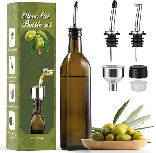 17oz Glass Olive Oil Dispenser: Stainless Steel Pourers, Easy Refill Funnel