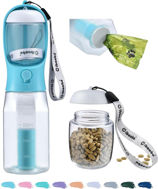Portable Dog Water Bottle with Food Container, Poop Bag Holder, and Bowl