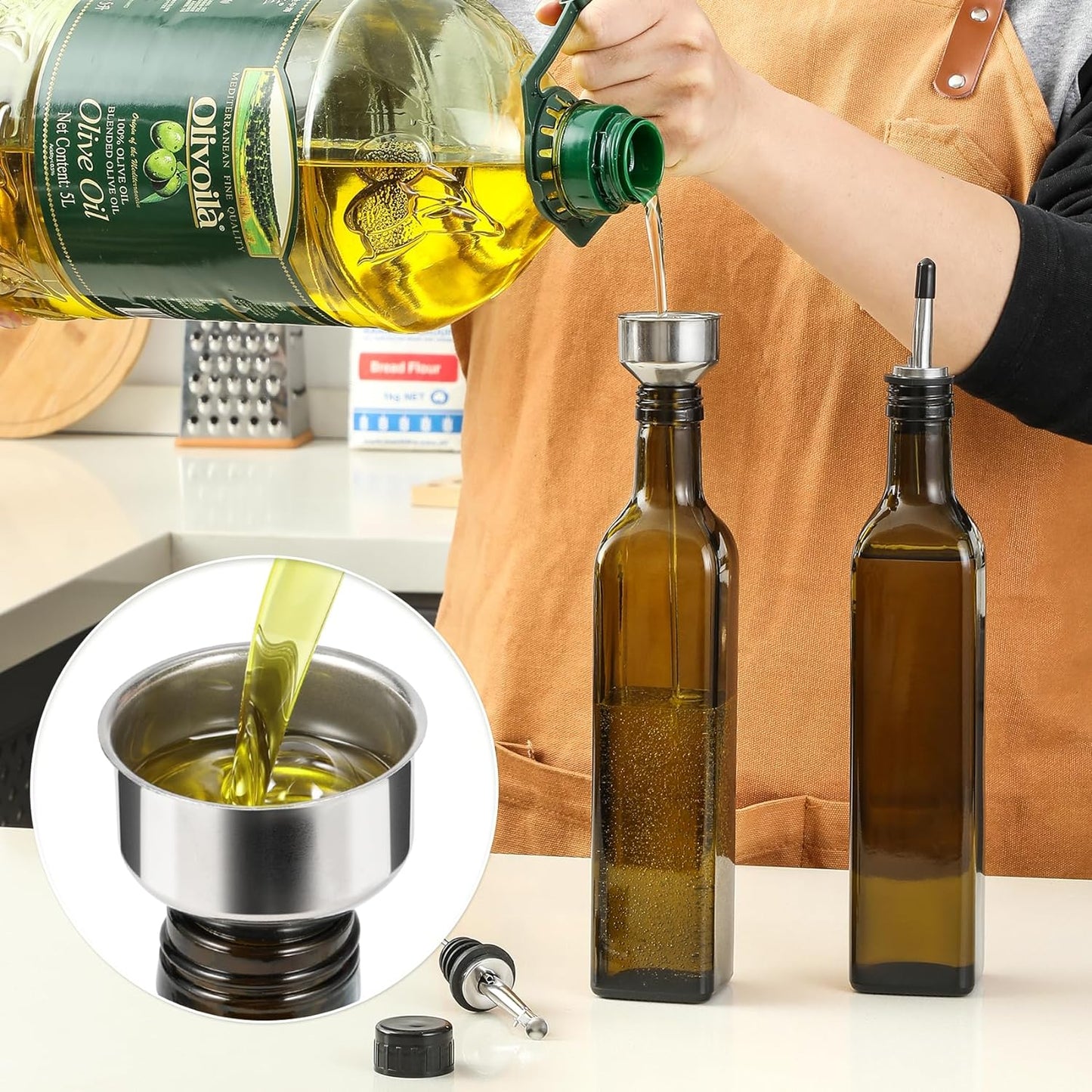 17oz Glass Olive Oil Dispenser: Stainless Steel Pourers, Easy Refill Funnel